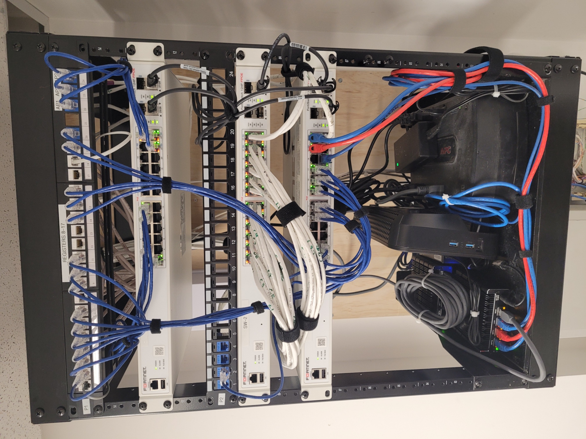 Installed server rack with organized network cabling