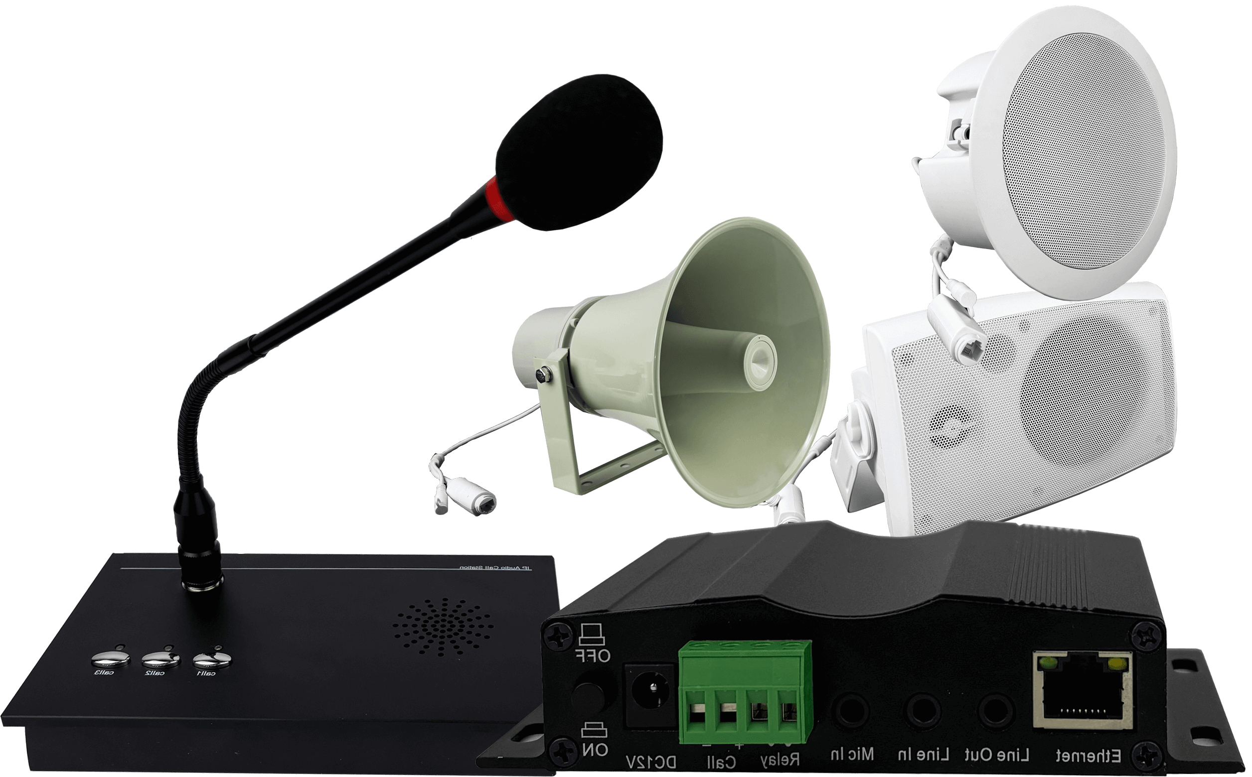 IP paging horns, controller, and VoIP phone integrated on a bench setup